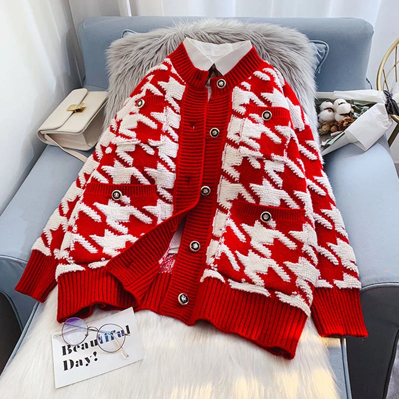 Qianniao check cardigan sweater xiaoxiangfeng knitted coat  5087