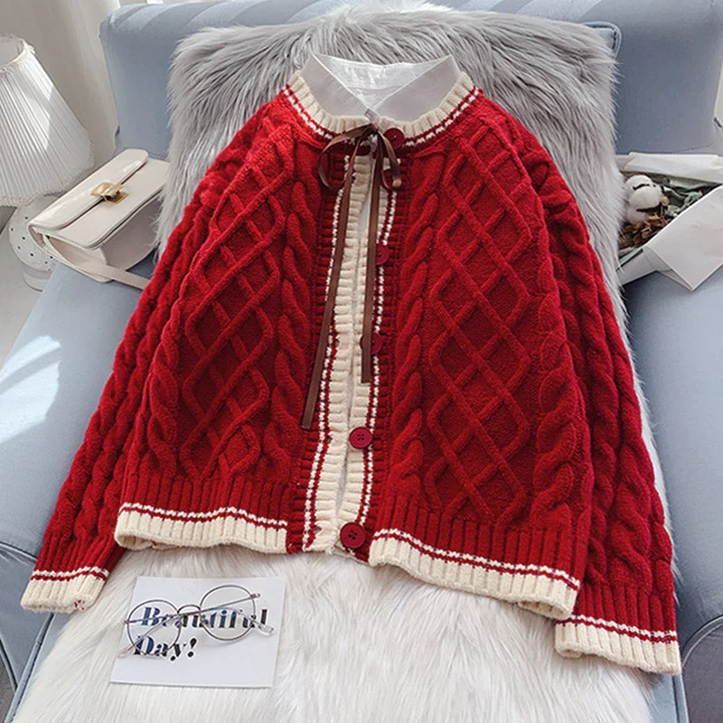 Vintage Red twist sweater Korean knitted jacket  5021