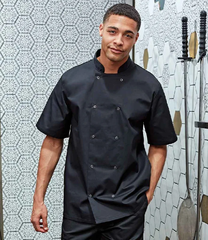 Premier Unisex Short Sleeve Stud Front Chef's Jacket | Black