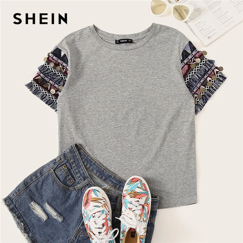 SHEIN Folk Style Fringe Trim Heathered Tee Casual T Shirt Women 2019 Summer Short Sleeve Stretchy Boho Cute Tshirt Tops