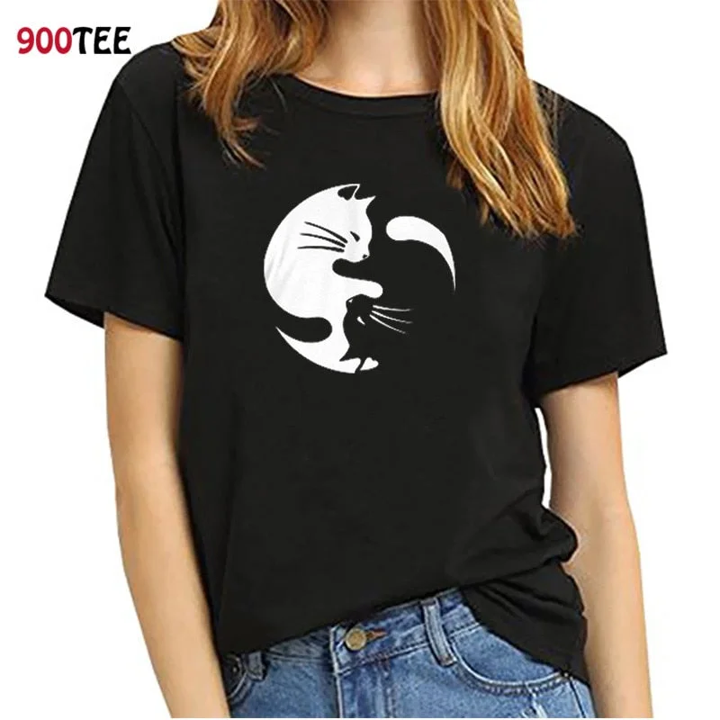 Summer Fashion Brand Women T-shirt Printing Yin Yang Cat Funny T Shirt Animal Short Sleeve Loose Fit Summer Tops Plus Size