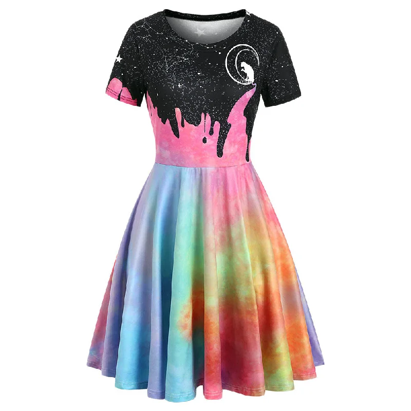 Vintage Space Cat Moon Galaxy 3D Print A-Line Dress Short Sleeve Tunic Female Dress Knee-Length Sundress Casual Shift Dresses