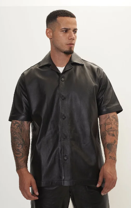 Short Sleeve Leather Shirt Jacket - Black