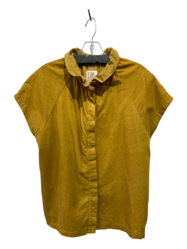 A Shirt Thing Size S Mustard Yellow Cotton Corduroy Cap Sleeve Ruffle Neck Top