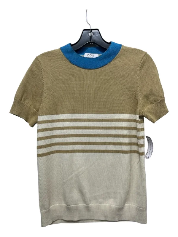 COS Size S Tan, Cream, Blue Cotton & Polyester Horizontal Stripes Crew Neck Top