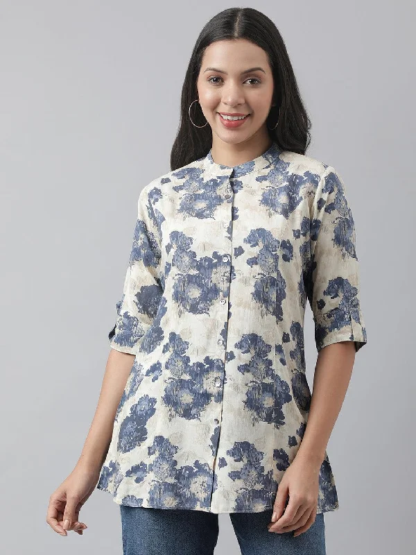 Cream Floral Printed Rayon A-line Shirt Style Top