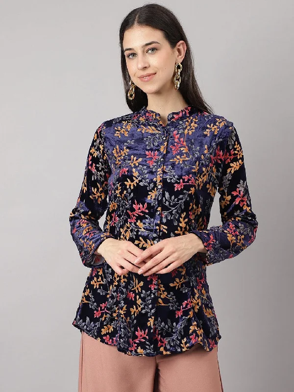 Blue Floral Burn out Valvet A-line Shirts Style Top