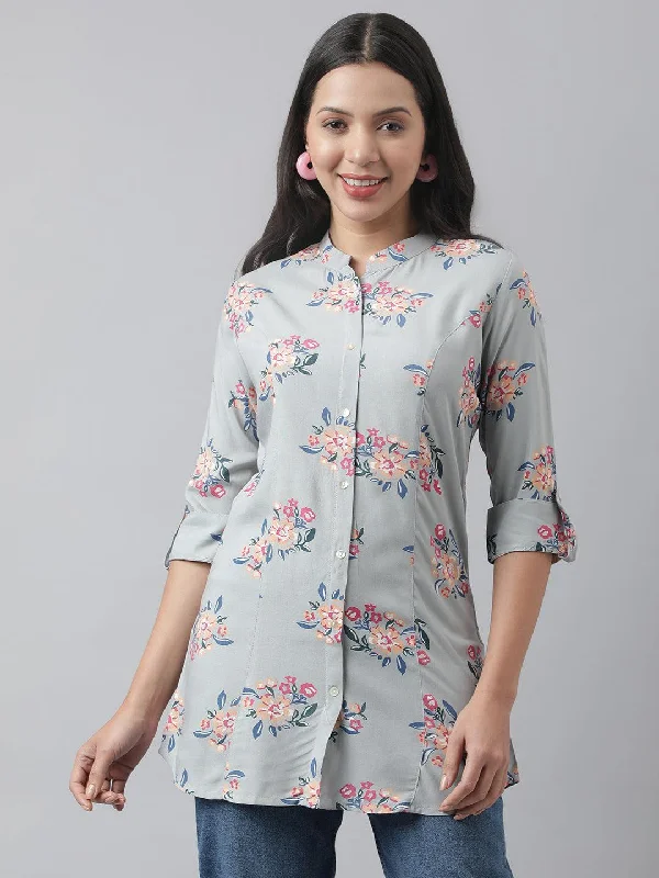 Gray Floral Printed Rayon A-line Shirt Style Top