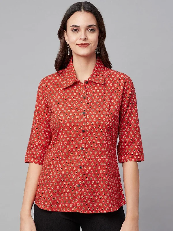 Red Block Printed Casual Women Shirts