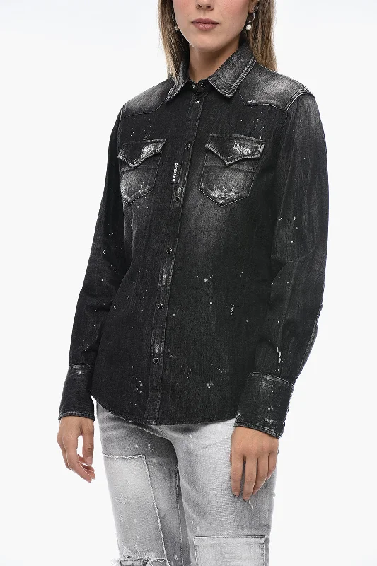 Dsquared2 Distressed Denim Shirt with Paint Splatter Motif