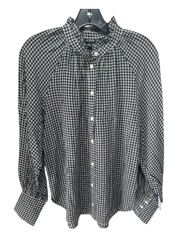 J Crew Size 4 Black & White Cotton Plaid Ruffle Neckline Button Top