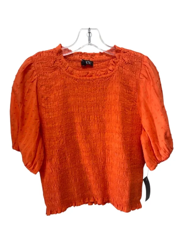 J Crew Size L Orange Cotton Smocked Ruffle Neckline Short Puff Sleeve Top