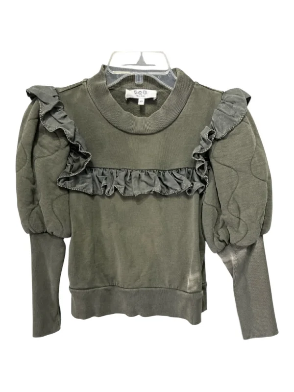 Sea New York Size XS Olive Green Cotton Ruffle Accent Crew Neck Top