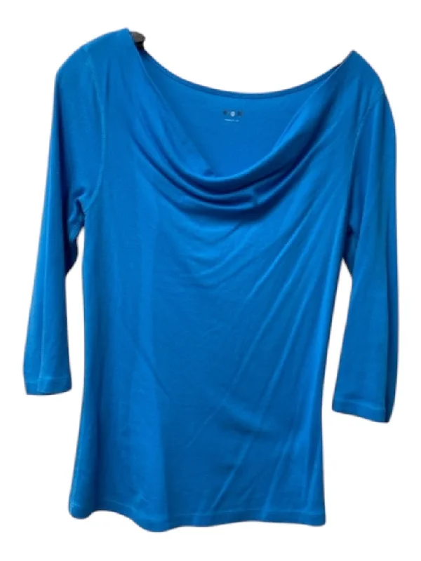 Three Dots Size M Cerulean Cotton Blend Cowl Neck 3/4 Sleeve Ribbed T Shirt Top