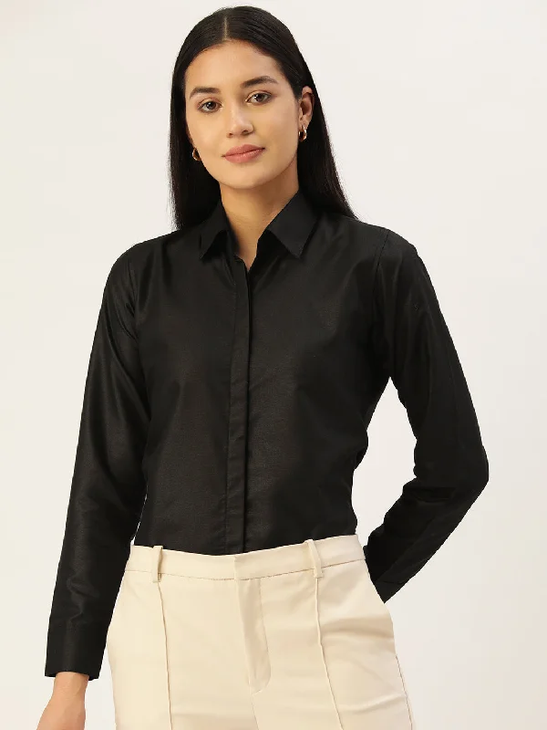 Women Black Solid Shirt Style Top