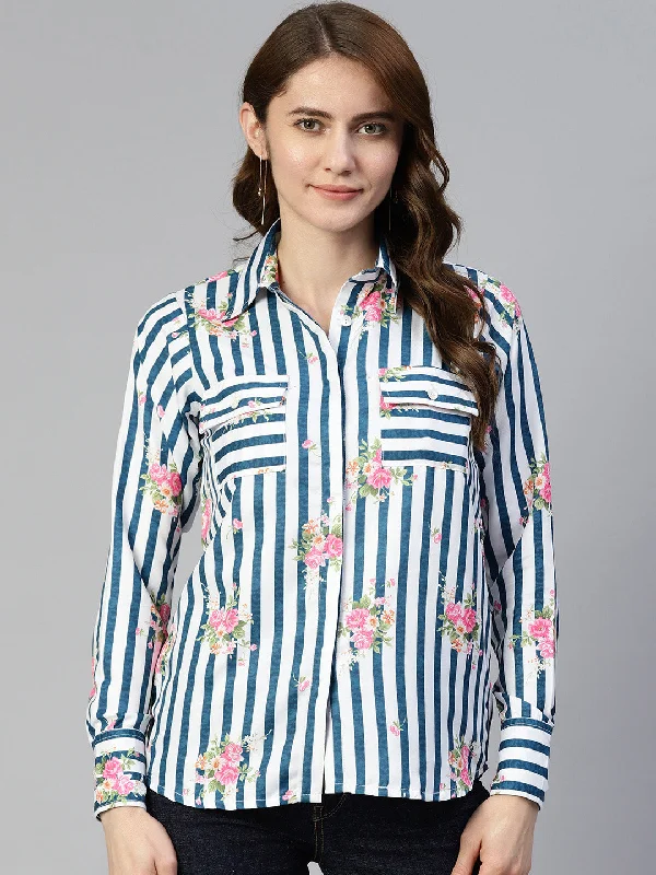 Women  Striped Double Pocket Shirt Style Top