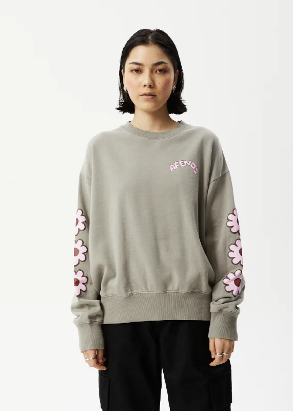 AFENDS Womens Flower - Crew Neck Jumper - Olive