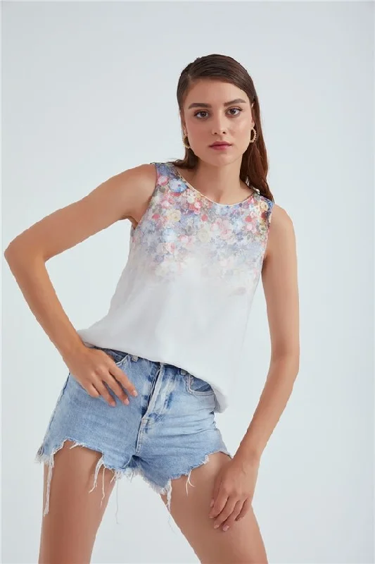 Crew Neck Ambre Floral Printed Georgette Top - White