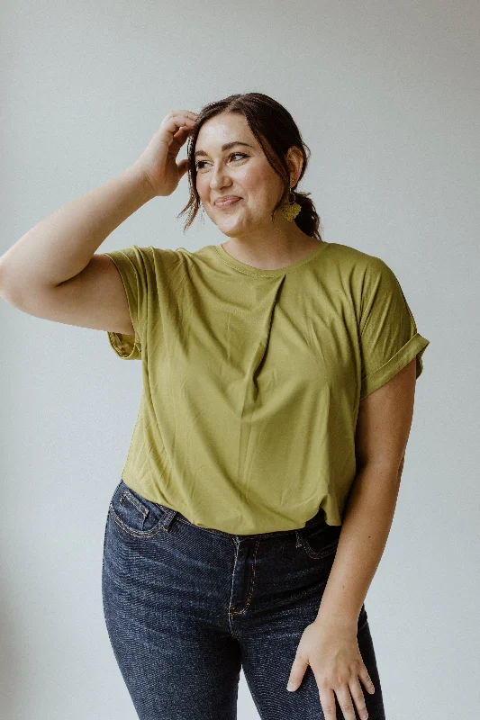 PLEATED CREW NECK BLOUSE IN OLIVE LEAF