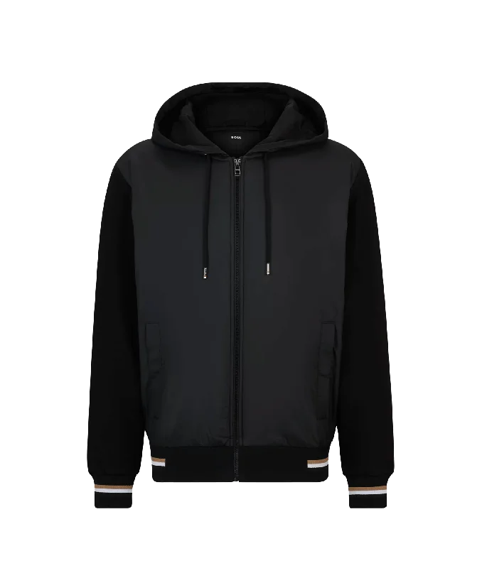 Mixed-material Zip-up Hoodie With Signature-stripe Trims - Black