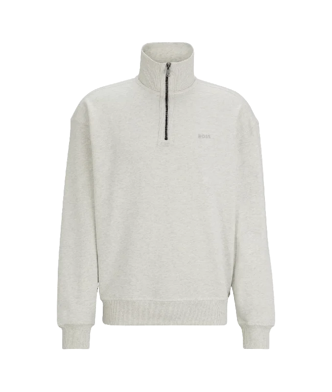 Zip-neck Sweatshirt in Melange Slub Cotton With Logo - Grey