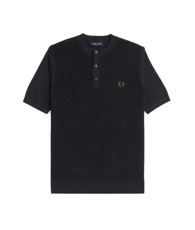 Waffle Stitch Henley Shirt - Black