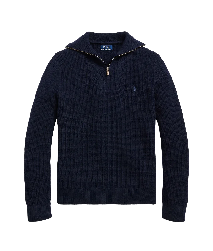 Waffle Wool-cotton Quarter-zip Sweater - Navy