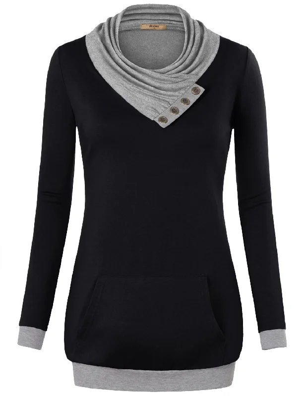 Long Sleeve Cowl Neck Color Block Pocket Tunic Sweatshirts