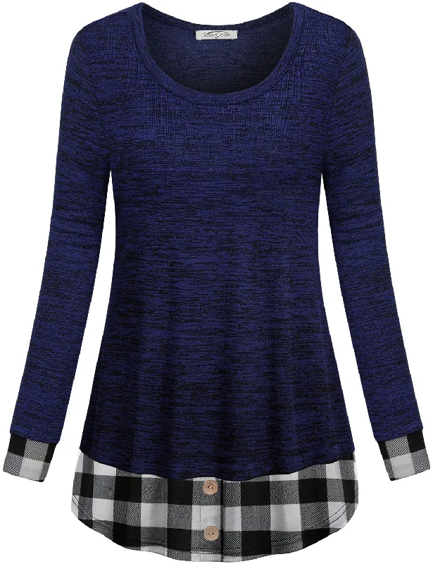 Crew Neck Long Sleeve Tunic Plaid Hem Shirts