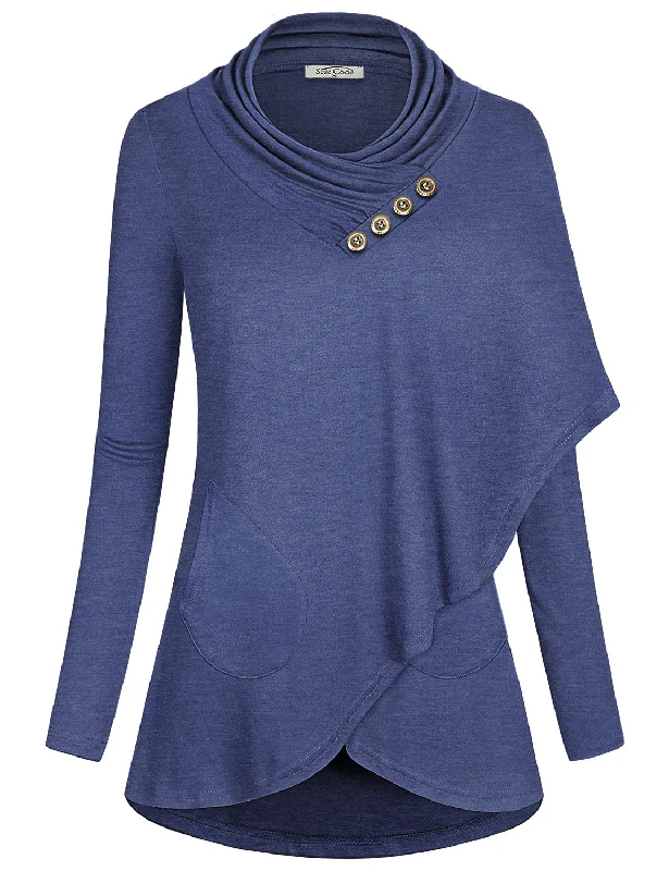 Long Sleeve Cowl Neck Asymmetric Casual Tunic with Pocket