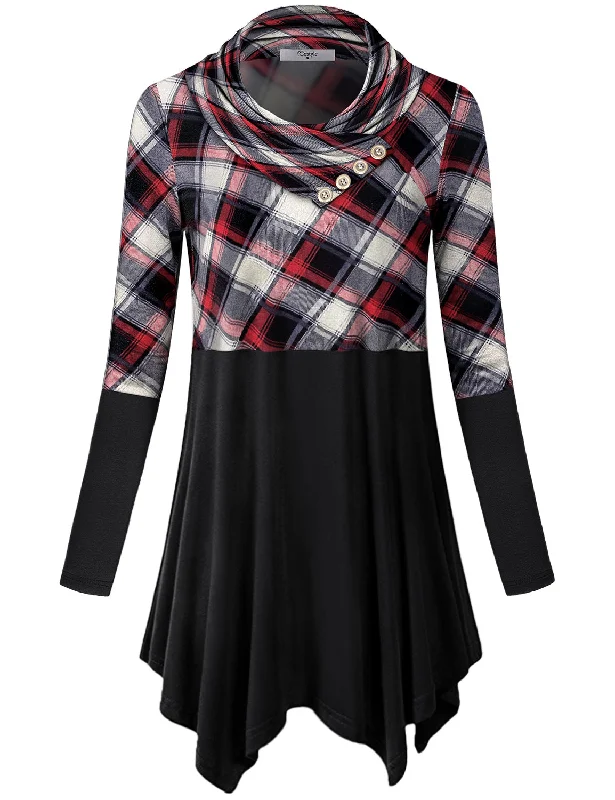 Long Sleeve Cowl Neck Color Block Plaid Tunic Top