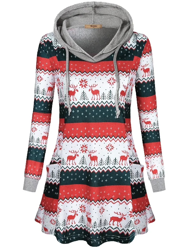 Long Sleeve Drawstring Plaid Hoodies Tunic Sweatshirt with Pockets