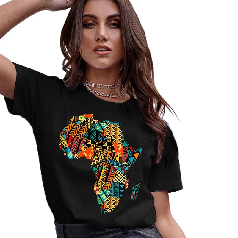 4XL Variety Africa Art Print Black T shirt Round Neck Short Sleeve