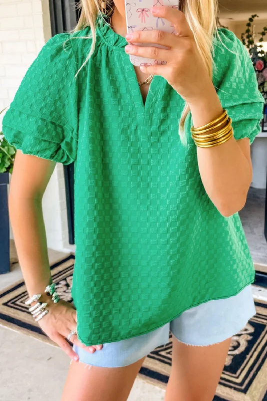 Bright Green Textured Puff Short Sleeve Notched V Neck Top