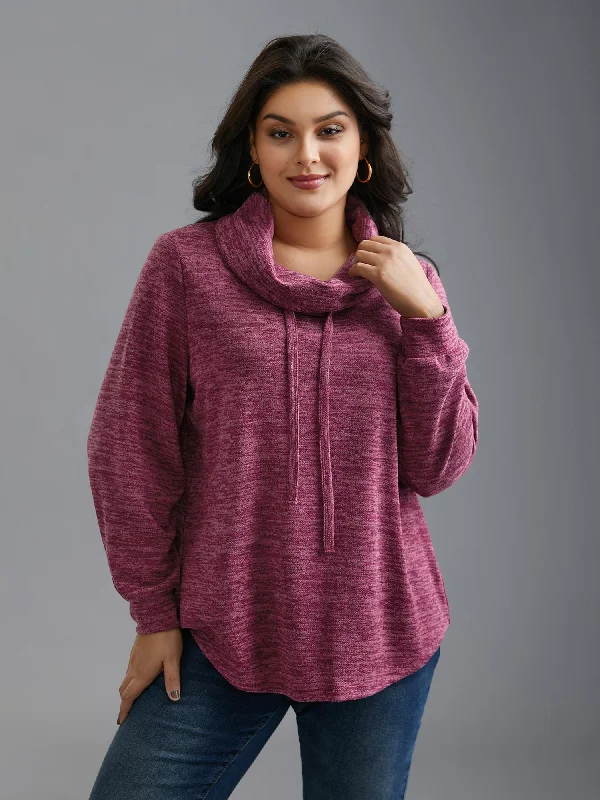 Cowl Neck Plain Heather Drawstring Sweatshirt