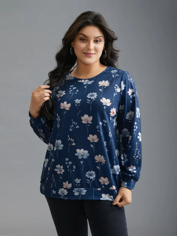 Crew Neck Floral  Print  Sweatshirt