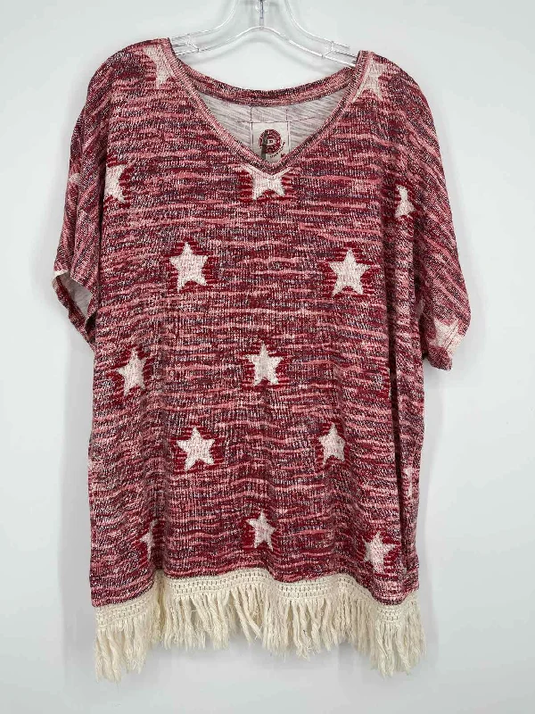 Double D Size M Red/White Stars Variegated Designer Top-Short Sleeve