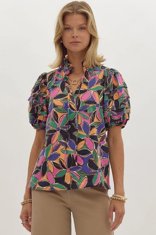 Entro Floral Print Short Sleeve Tiered Detail Blouse In Multi