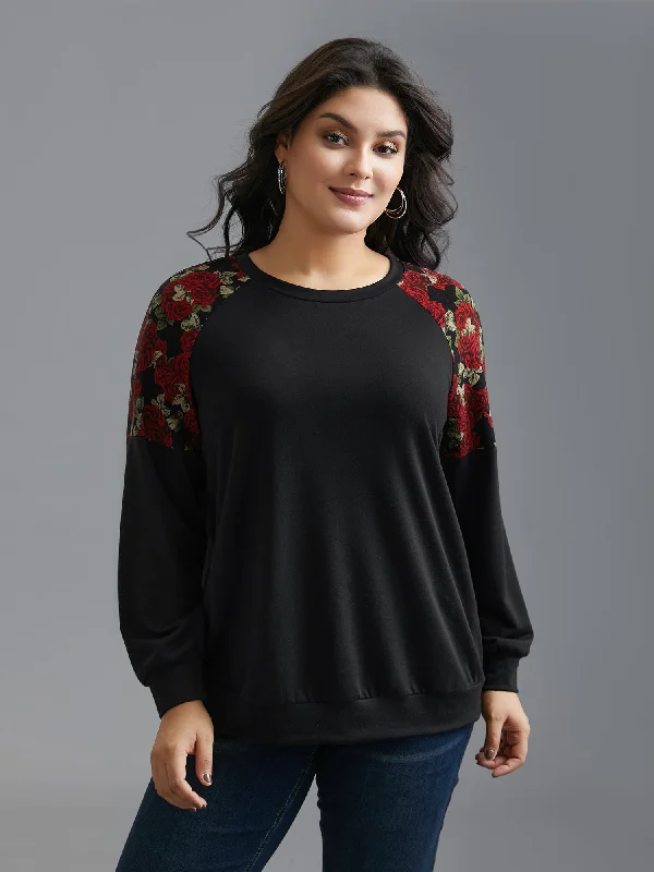 Floral Raglan Sleeve Stretchy Fitted Sweatshirt