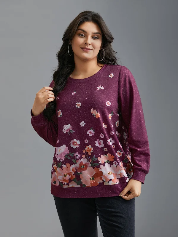 Round Neck Floral Stretchy Sleeve Sweatshirt