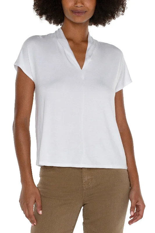 Liverpool Shawl Collar Short Sleeve Dolman Knit Top In White