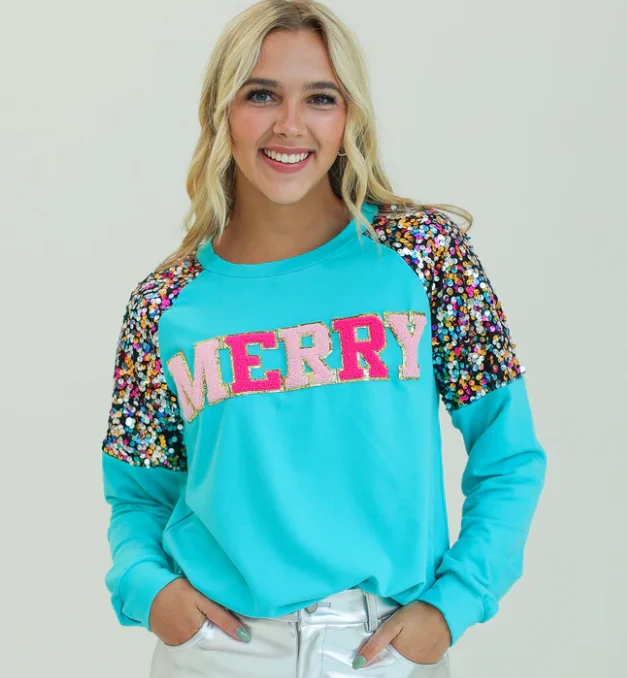 Merry Patched Turquoise Sweatshirt